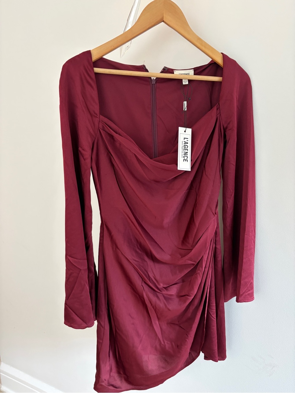 L'AGENCE Wine Red Draped Long-Sleeve Dress